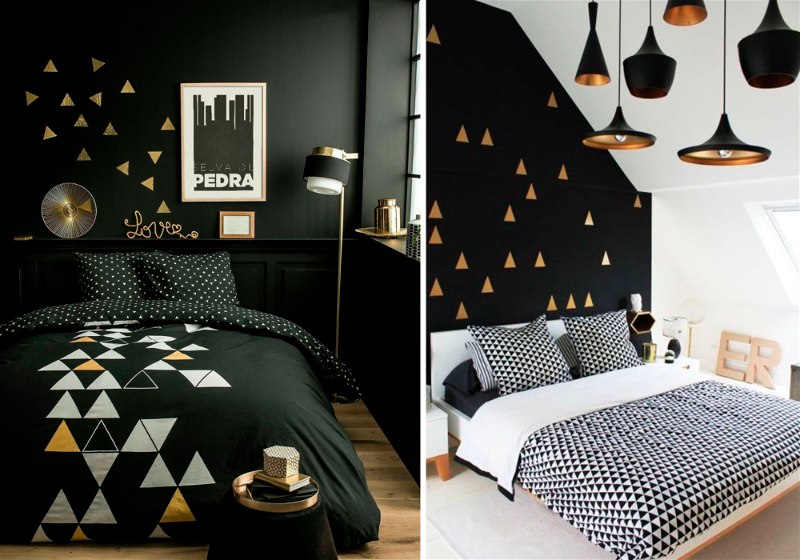 Imagens de 2 quartos de casal que combina elementos na cor preta e dourada