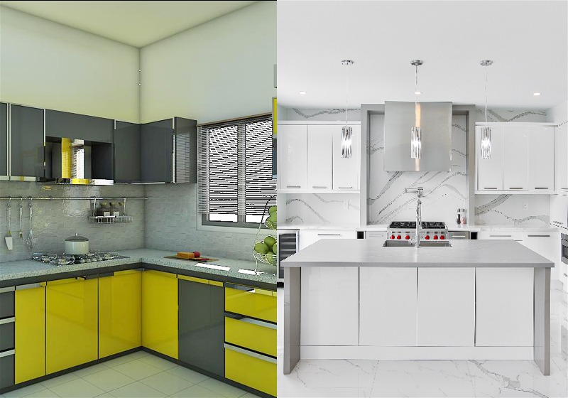 Imagem de duas cozinhas, uma com móveis amarelos e outra na cor branca