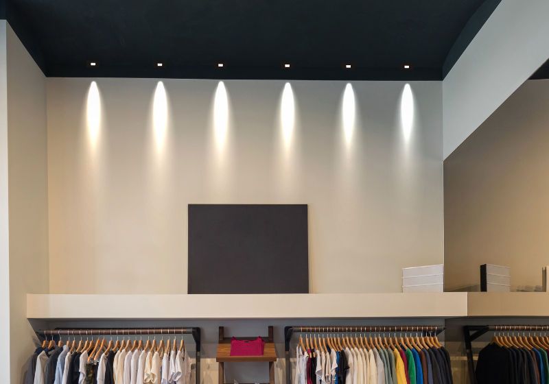 loja com araras de roupas, teto preto e spots de luz