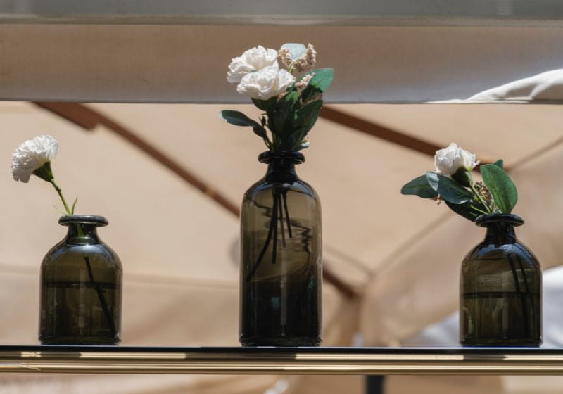 vasos de vidro com flores brancas