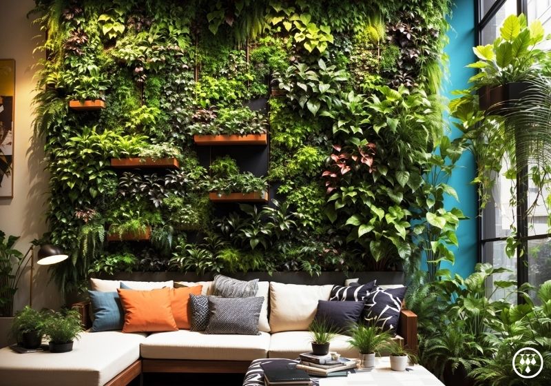 sala de estar com diversas plantas e um jardim vertical atrás do sofá