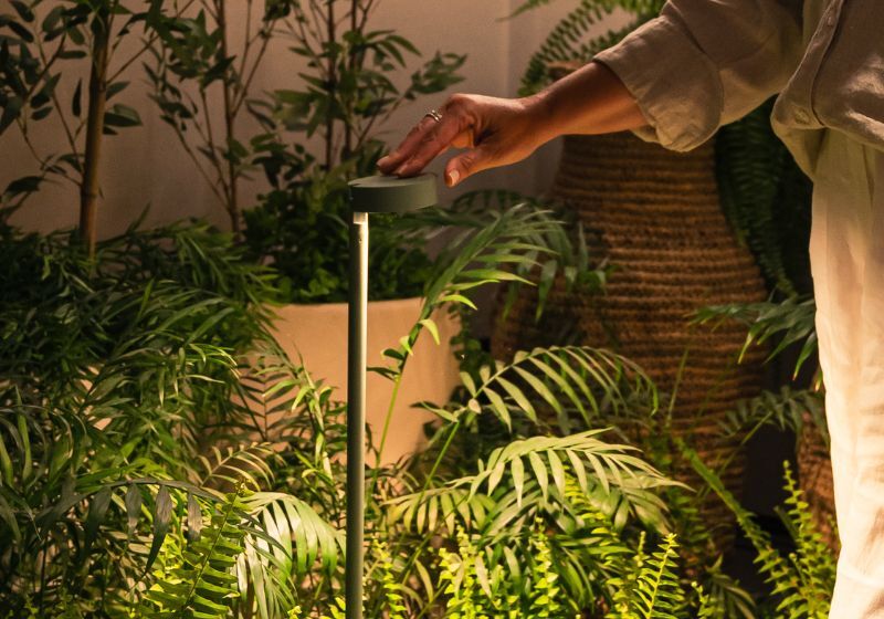 Pessoa ajustando luz em ambiente com plantas