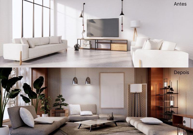 Antes e depois de uma sala de estar moderna