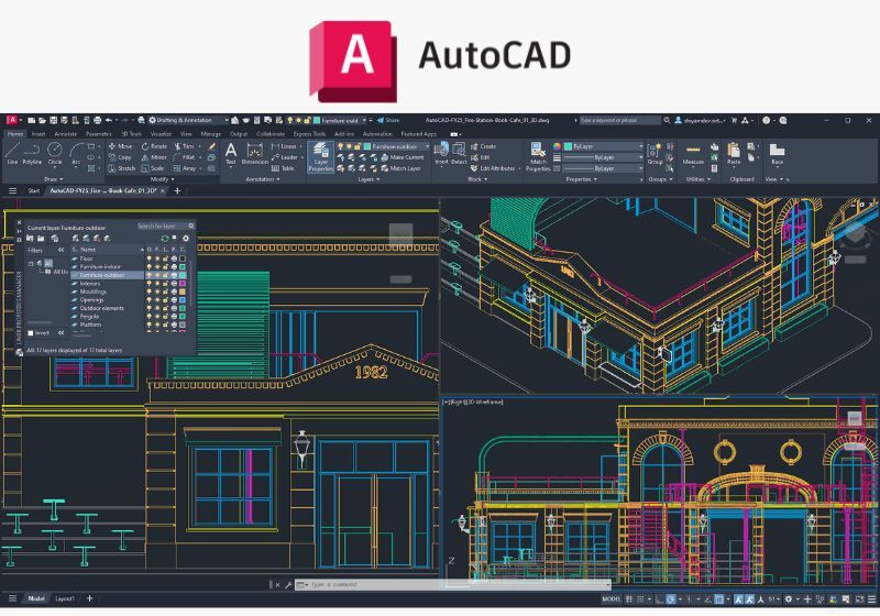 Interface do AutoCAD com projetos em 2D e 3D