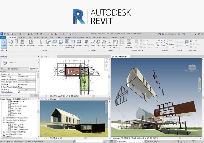 Interface do software Autodesk Revit em uso para arquitetura.