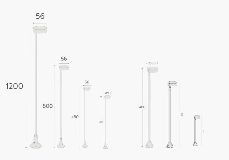 Dimensões de diferentes modelos de luminárias modernas.