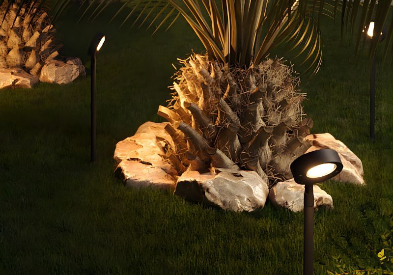 Iluminação de jardim com palmeiras e pedras decorativas