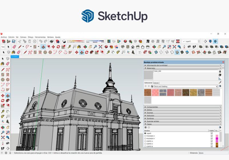 Interface do SketchUp mostrando um modelo 3D