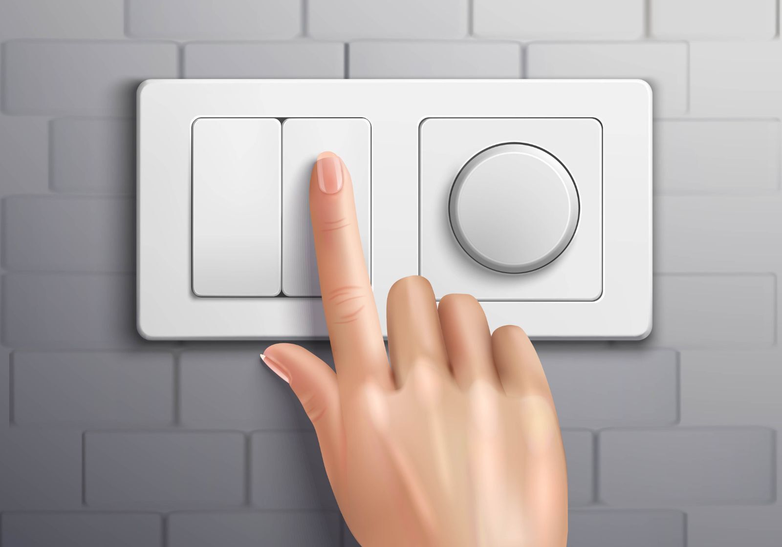 Mão acionando interruptor e dimmer de luz