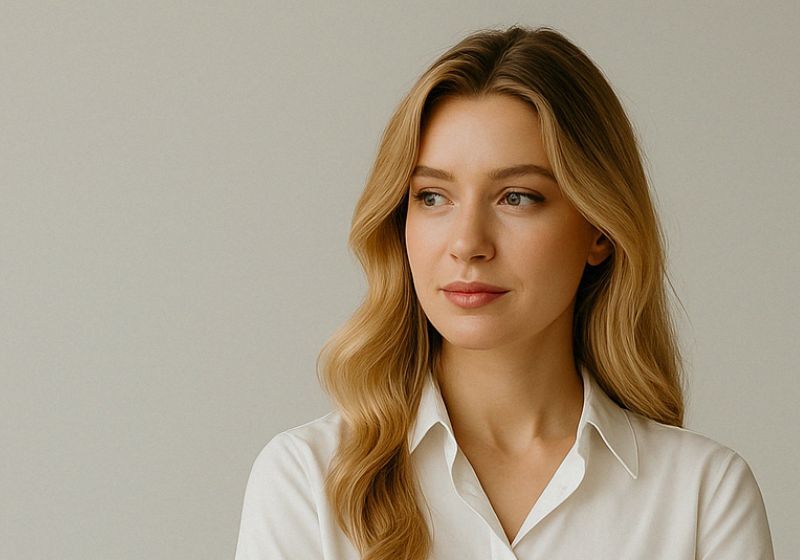 Mulher com cabelos longos olhando para o lado em fundo claro.