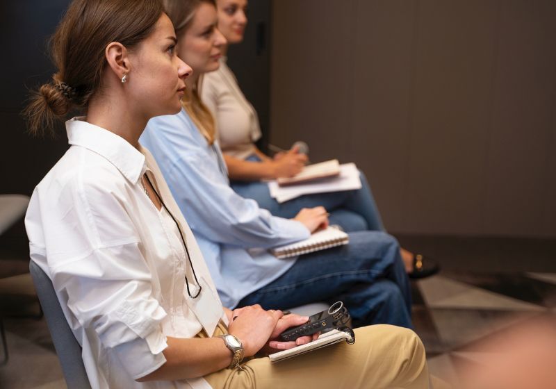 Mulheres em reunião com caderno e caneta
