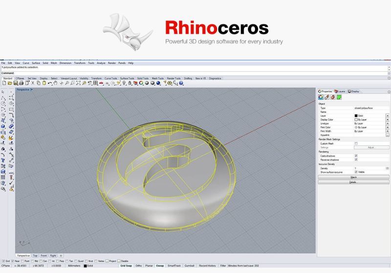 Interface do software Rhinoceros com modelo 3D em destaque