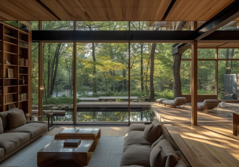 Sala moderna com vista para a natureza