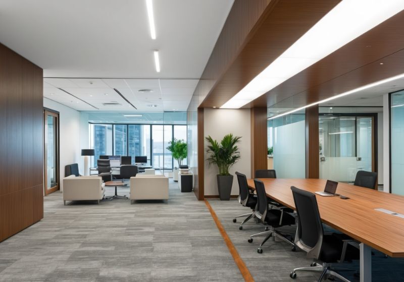 Escritório moderno com mesas e janelas amplas.