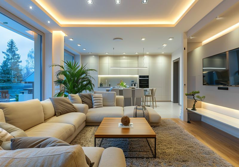 Sala de estar moderna com iluminação suave e plantas